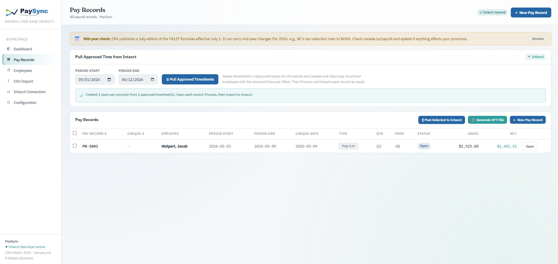 PaySync pay records, EFT and post to Intacct