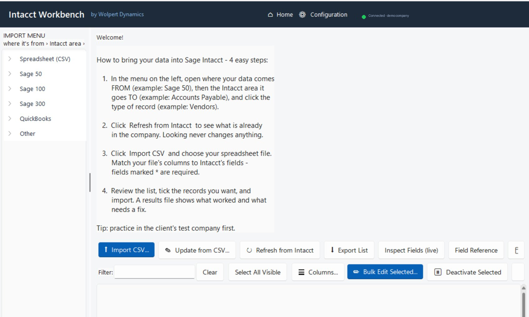 Intacct Workbench import and data management screen